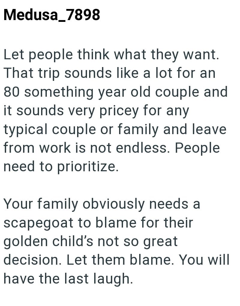 Medusa_7898 Let people think what they want. That trip sounds like a lot for an 80 something year old couple and it sounds very pricey for any typical couple or family and leave from work is not endless. People need to prioritize. Your family obviously needs a scapegoat to blame for their golden child's not so great decision. Let them blame. You will have the last laugh.