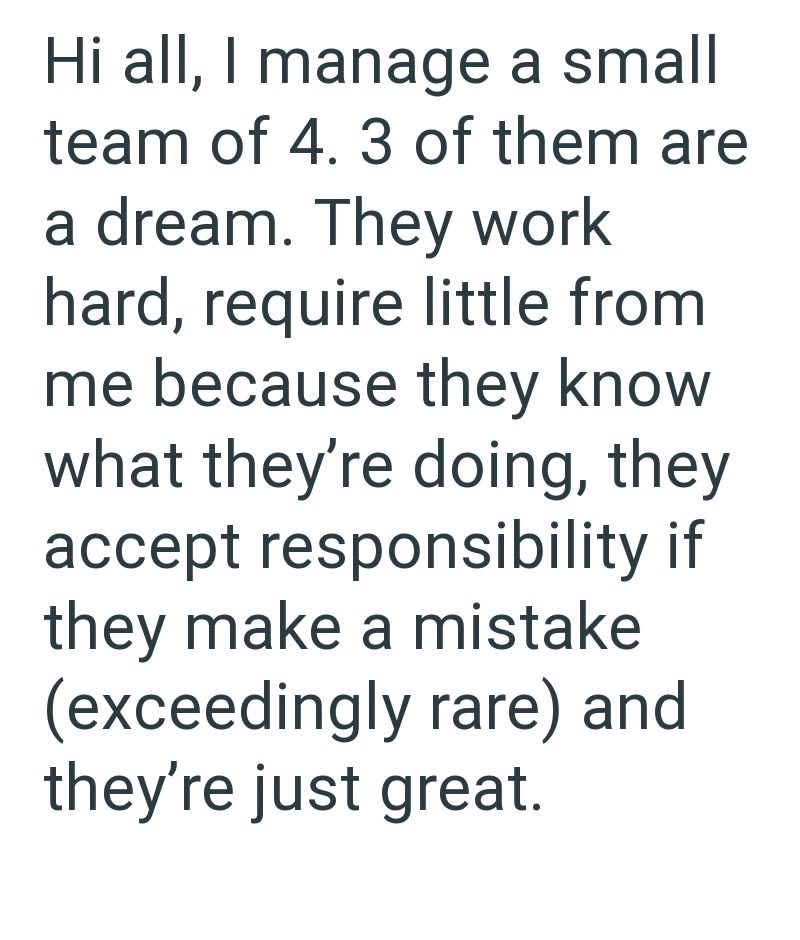 Hi all, I manage a small team of 4. 3 of them are a dream. They work hard, require little from me because they know what they're doing, they accept responsibility if they make a mistake (exceedingly rare) and they're just great.