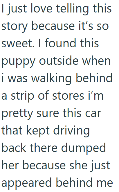 I just love telling this story because it's so sweet. I found this puppy outside when i was walking behind a strip of stores i'm pretty sure this car that kept driving back there dumped her because she just appeared behind me