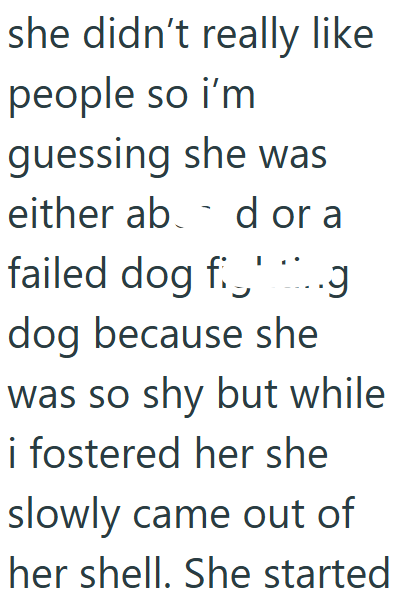 she didn't really like people so i'm guessing she was either ab. d or a failed dog fig dog because she was so shy but while i fostered her she slowly came out of her shell. She started