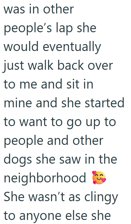 was in other people's lap she would eventually just walk back over to me and sit in mine and she started to want to go up to people and other dogs she saw in the neighborhood She wasn't as clingy to anyone else she