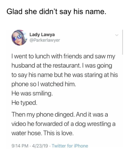 Glad she didn't say his name. Lady Lawya @Parkerlawyer I went to lunch with friends and saw my husband at the restaurant. I was going to say his name but he was staring at his phone so I watched him. He was smiling. He typed. Then my phone dinged. And it was a video he forwarded of a dog wrestling a water hose. This is love. 9:14 PM 4/23/19. Twitter for iPhone