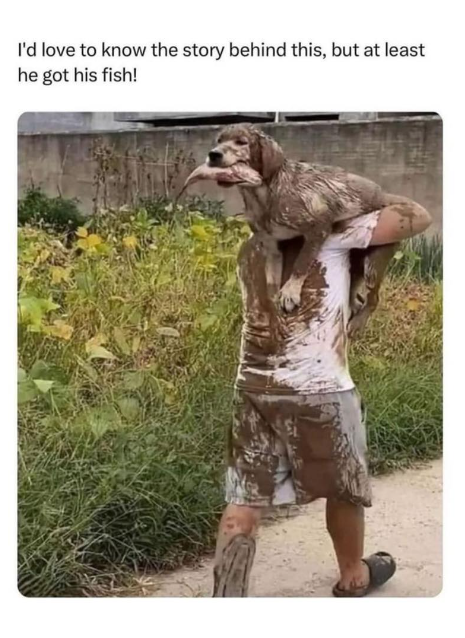 I'd love to know the story behind this, but at least he got his fish!