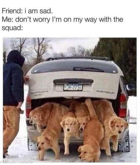 Friend: i am sad. Me: don't worry I'm on my way with the squad: made with mematic JK-2236