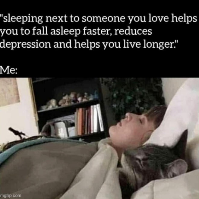 "sleeping next to someone you love helps you to fall asleep faster, reduces depression and helps you live longer." Me: imgflip.com