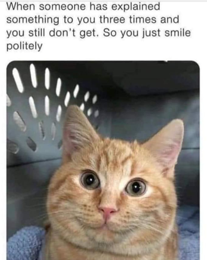 When someone has explained something to you three times and you still don't get. So you just smile politely