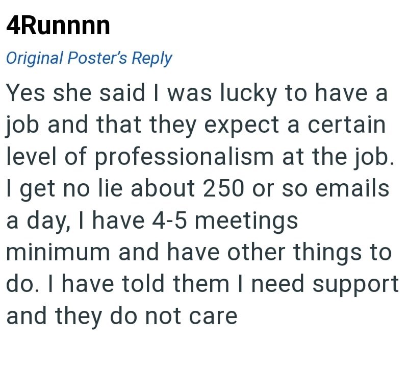 4Runnnn Original Poster's Reply Yes she said I was lucky to have a job and that they expect a certain level of professionalism at the job. I get no lie about 250 or so emails a day, I have 4-5 meetings minimum and have other things to do. I have told them I need support and they do not care