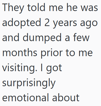 They told me he was adopted 2 years ago and dumped a few months prior to me visiting. I got surprisingly emotional about