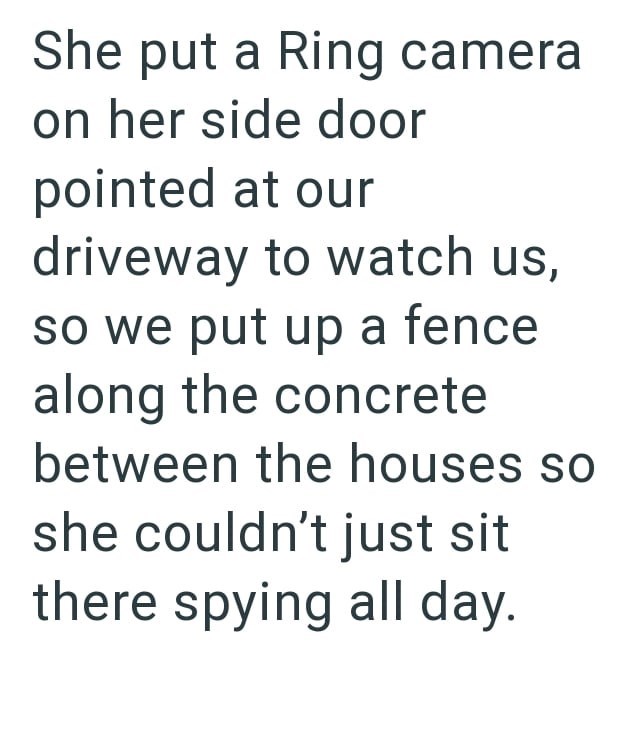 She put a Ring camera on her side door pointed at our driveway to watch us, so we put up a fence along the concrete between the houses so she couldn't just sit there spying all day.