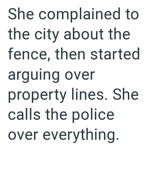 She complained to the city about the fence, then started arguing over property lines. She calls the police over everything.