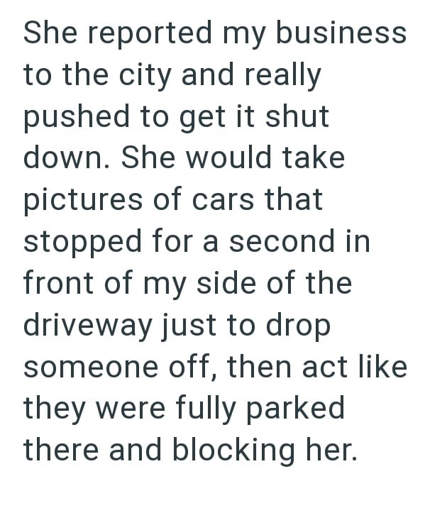 She reported my business to the city and really pushed to get it shut down. She would take pictures of cars that stopped for a second in front of my side of the driveway just to drop someone off, then act like they were fully parked there and blocking her.