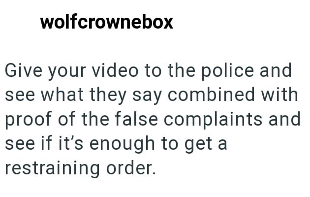 wolfcrownebox Give your video to the police and see what they say combined with proof of the false complaints and see if it's enough to get a restraining order.