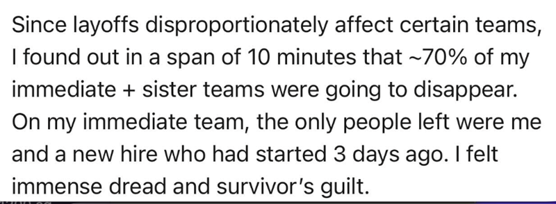 Since layoffs disproportionately affect certain teams, I found out in a span of 10 minutes that ~70% of my immediate + sister teams were going to disappear. On my immediate team, the only people left were me and a new hire who had started 3 days ago. I felt immense dread and survivor's guilt.