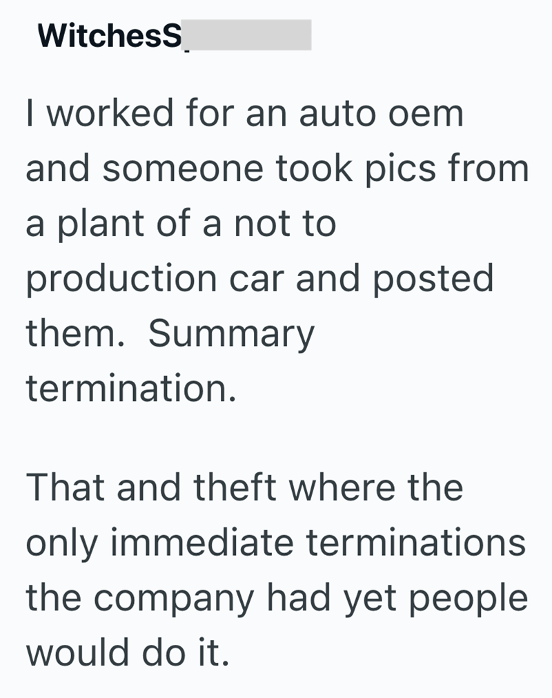 WitchesS I worked for an auto oem and someone took pics from a plant of a not to production car and posted them. Summary termination. That and theft where the only immediate terminations the company had yet people would do it.
