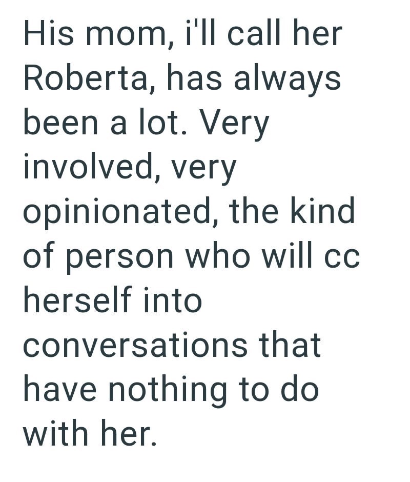 His mom, i'll call her Roberta, has always been a lot. Very involved, very opinionated, the kind of person who will cc herself into conversations that have nothing to do with her.