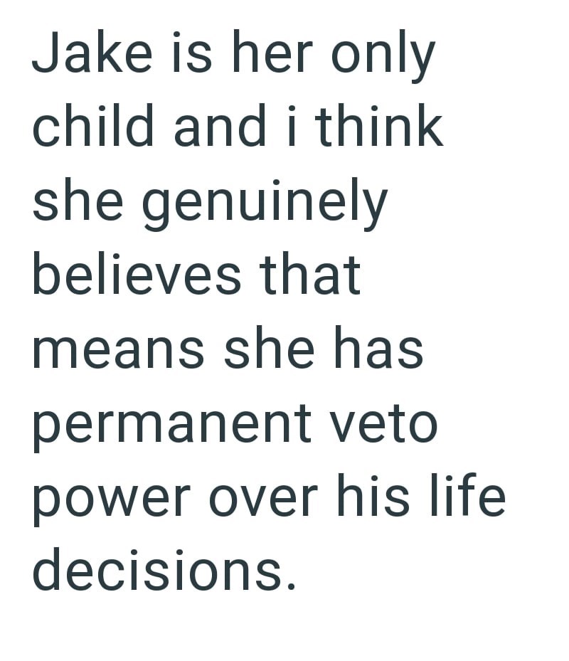 Jake is her only child and i think she genuinely believes that means she has permanent veto power over his life decisions.