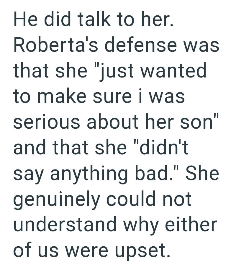 He did talk to her. Roberta's defense was that she "just wanted to make sure i was serious about her son" and that she "didn't say anything bad." She genuinely could not understand why either of us were upset.