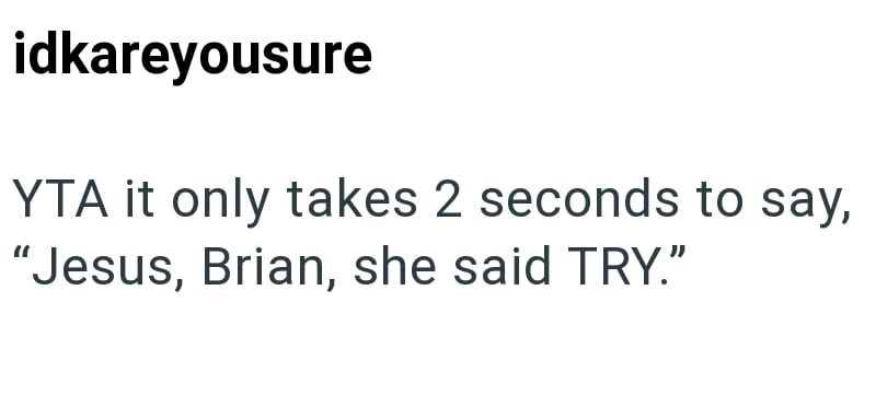 idkareyousure YTA it only takes 2 seconds to say, "Jesus, Brian, she said TRY."