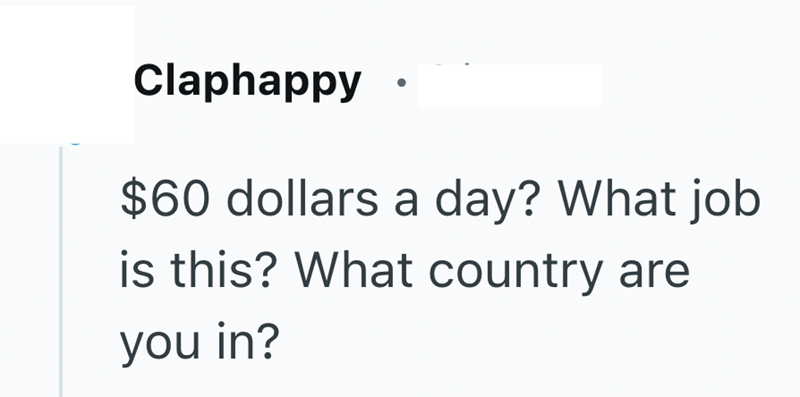 Claphappy $60 dollars a day? What job is this? What country are you in?