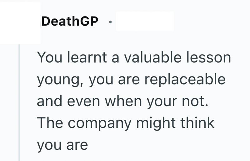 DeathGP You learnt a valuable lesson young, you are replaceable and even when your not. The company might think you are