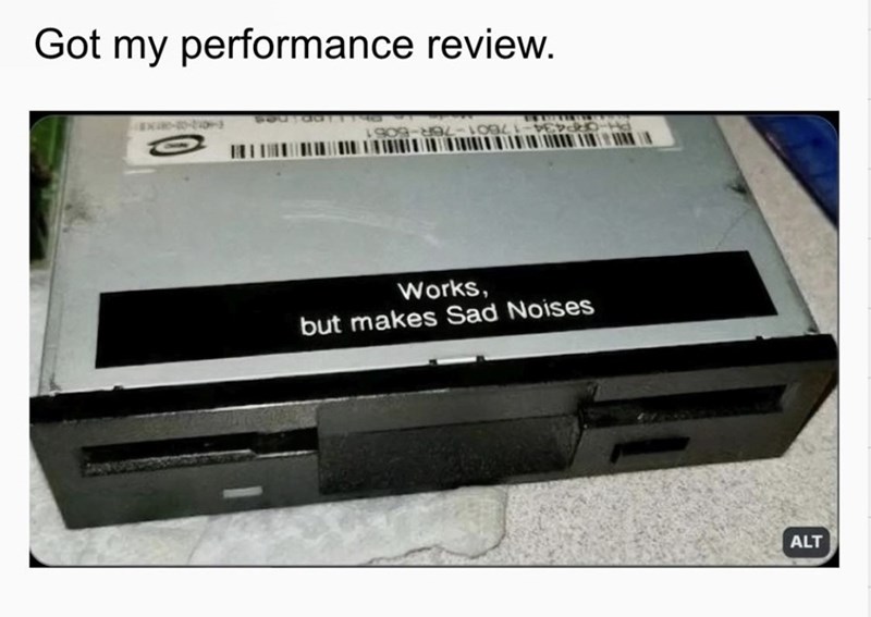 Got my performance review. Works, but makes Sad Noises ALT