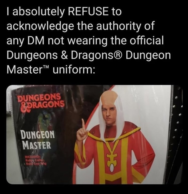 I absolutely REFUSE to acknowledge the authority of any DM not wearing the official Dungeons & Dragons® Dungeon Master™ uniform: DUNGEONS &ORAGONS DUNGEON MASTER INCLUDES: Robet Colle Bald Cap Wig