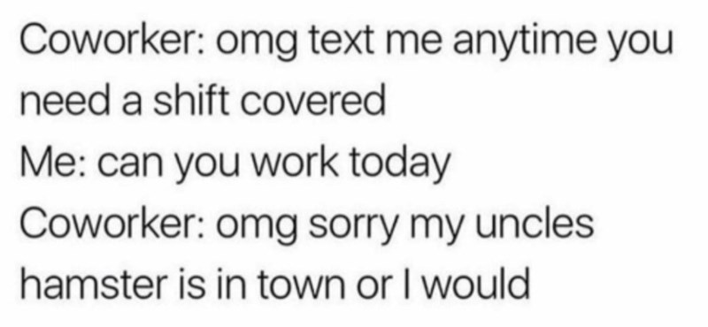 Coworker: omg text me anytime you need a shift covered Me: can you work today Coworker: omg sorry my uncles hamster is in town or I would