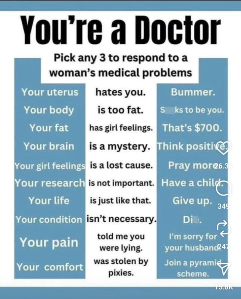 You're a Doctor Pick any 3 to respond to a woman's medical problems Your uterus hates you. Bummer. Your body is too fat. Sks to be you. has girl feelings. That's $700. Your fat Your brain is a mystery. Your girl feelings is a lost cause. Your research is not important. Your life is just like that. Your condition isn't necessary. Your pain told me you were lying. Your comfort was stolen by pixies. Think positive Pray more6.3 Have a child. Give up. 349 Dio. I'm sorry for your husband 247 Join a py
