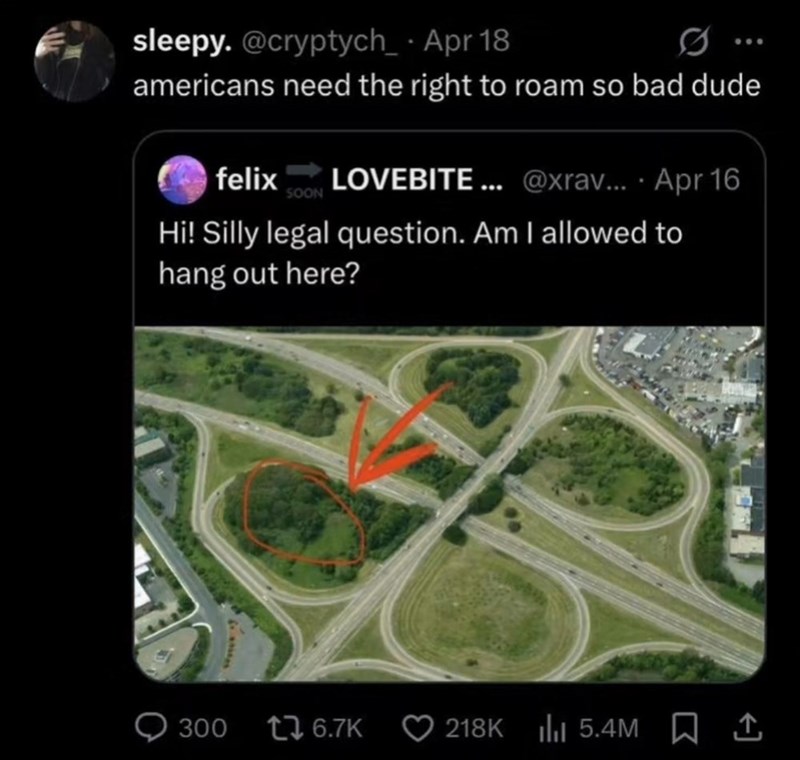 sleepy. @cryptych_ - Apr 18 0 americans need the right to roam so bad dude felix LOVEBITE... @xrav... Apr 16 SOON • Hi! Silly legal question. Am I allowed to hang out here? -300 16.7K 218K 5.4M □ I