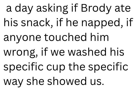 a day asking if Brody ate his snack, if he napped, if anyone touched him wrong, if we washed his specific cup the specific way she showed us.