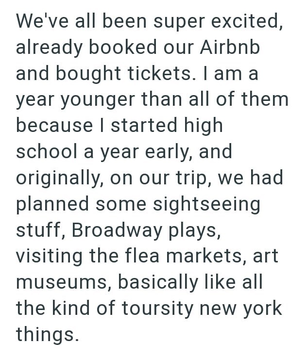We've all been super excited, already booked our Airbnb and bought tickets. I am a year younger than all of them because I started high school a year early, and originally, on our trip, we had planned some sightseeing stuff, Broadway plays, visiting the flea markets, art museums, basically like all the kind of toursity new york things.