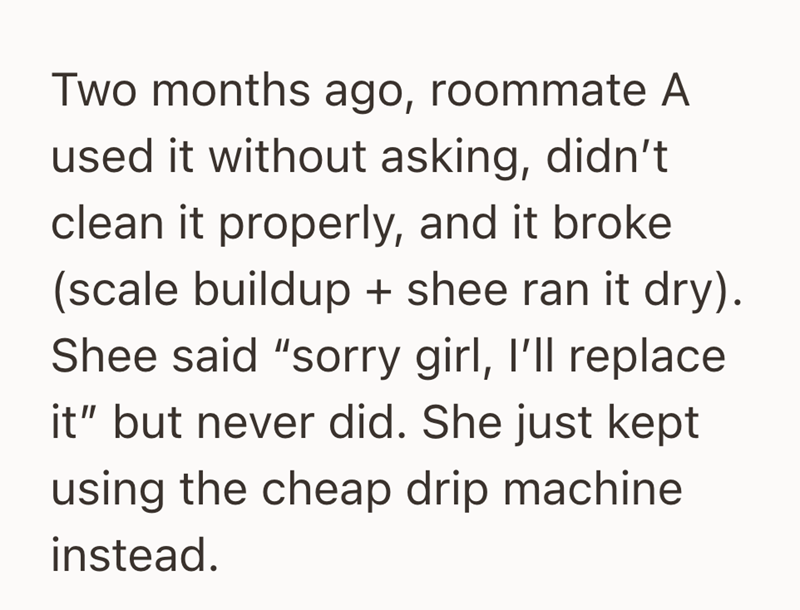 Two months ago, roommate A used it without asking, didn't clean it properly, and it broke (scale buildup + shee ran it dry). Shee said "sorry girl, I'll replace it" but never did. She just kept using the cheap drip machine instead.