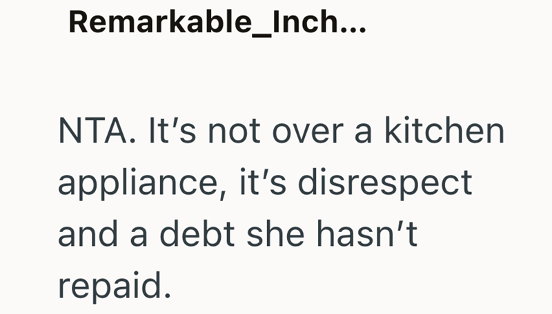 Remarkable_Inch... NTA. It's not over a kitchen appliance, it's disrespect and a debt she hasn't repaid.