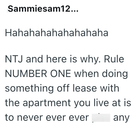 Sammiesam12... Hahahahahahahahaha NTJ and here is why. Rule NUMBER ONE when doing something off lease with the apartment you live at is to never ever ever any
