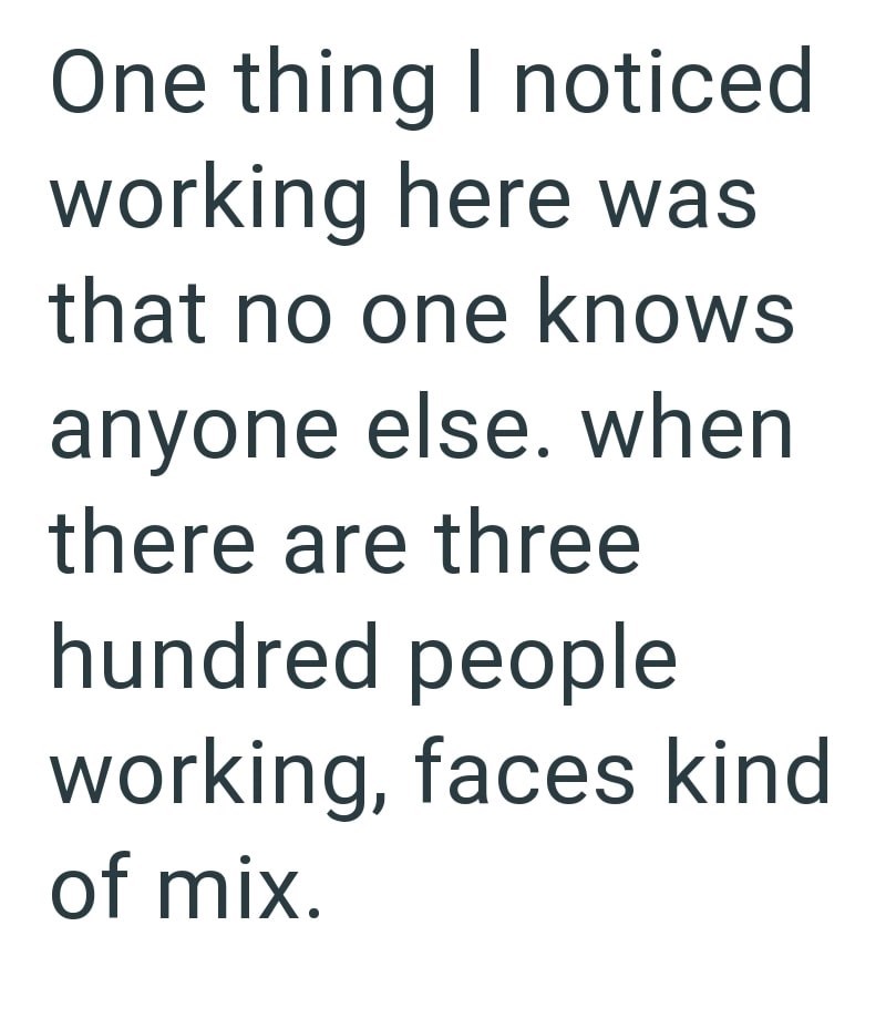 One thing I noticed working here was that no one knows anyone else. when there are three hundred people working, faces kind of mix.