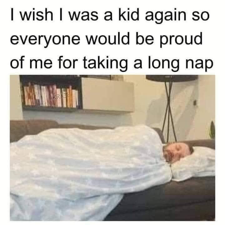 I wish I was a kid again so everyone would be proud of me for taking a long nap
