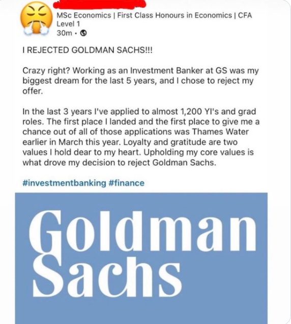 MSc Economics | First Class Honours in Economics | CFA Level 1 30m-> I REJECTED GOLDMAN SACHS!!! Crazy right? Working as an Investment Banker at GS was my biggest dream for the last 5 years, and I chose to reject my offer. In the last 3 years I've applied to almost 1,200 YI's and grad roles. The first place I landed and the first place to give me a chance out of all of those applications was Thames Water earlier in March this year. Loyalty and gratitude are two values I hold dear to my heart. Up