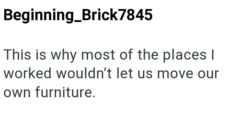 Beginning Brick7845 This is why most of the places I worked wouldn't let us move our own furniture.