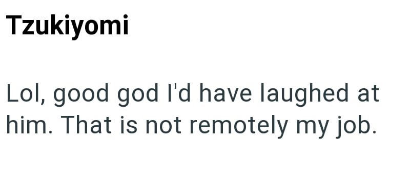 Tzukiyomi Lol, good god I'd have laughed at him. That is not remotely my job.