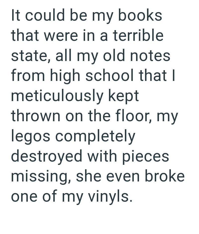 It could be my books that were in a terrible state, all my old notes from high school that I meticulously kept thrown on the floor, my legos completely destroyed with pieces missing, she even broke one of my vinyls.