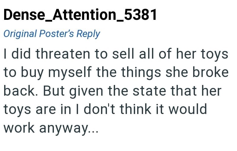 Dense_Attention_5381 Original Poster's Reply I did threaten to sell all of her toys to buy myself the things she broke back. But given the state that her toys are in I don't think it would work anyway...