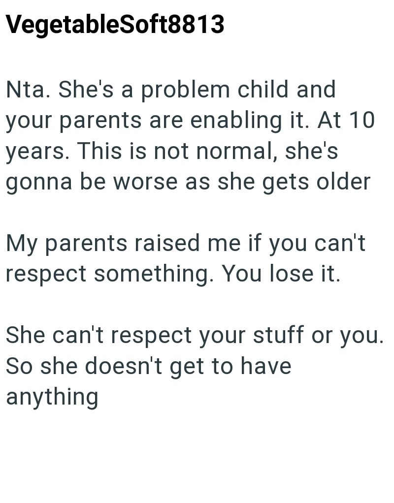 VegetableSoft8813 Nta. She's a problem child and your parents are enabling it. At 10 years. This is not normal, she's gonna be worse as she gets older My parents raised me if you can't respect something. You lose it. She can't respect your stuff or you. So she doesn't get to have anything