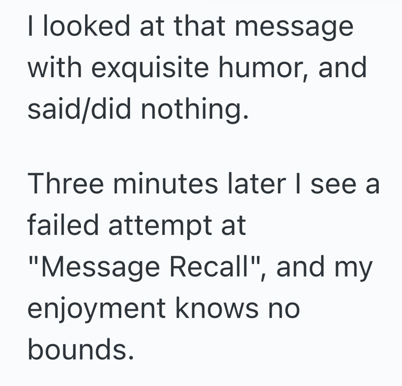 I looked at that message with exquisite humor, and said/did nothing. Three minutes later I see a failed attempt at "Message Recall", and my enjoyment knows no bounds.