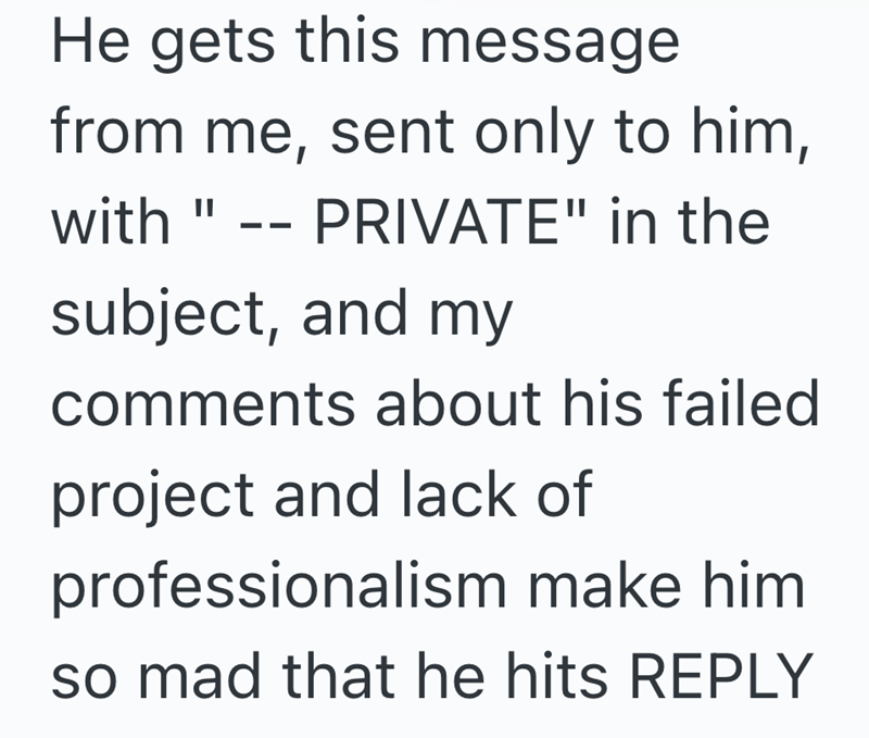 He gets this message from me, sent only to him, with " PRIVATE" in the subject, and my comments about his failed project and lack of professionalism make him so mad that he hits REPLY