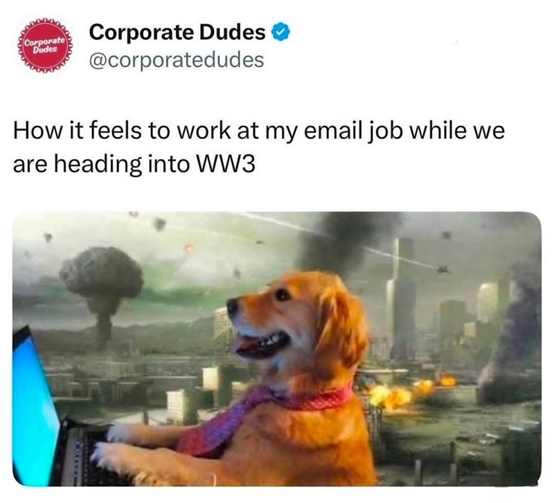 Corporate Dudes Corporate Dudes ❤ @corporatedudes How it feels to work at my email job while we are heading into WW3