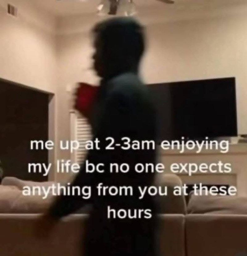 me up at 2-3am enjoying my life bc no one expects anything from you at these hours