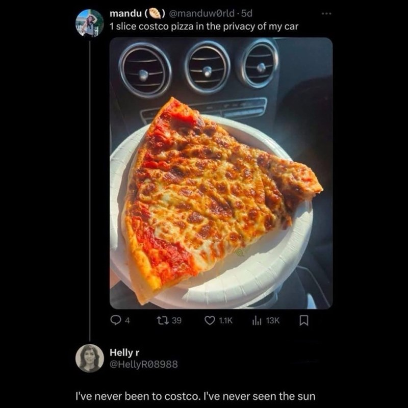 mandu @manduworld 5d 1 slice costco pizza in the privacy of my car 4 1739 1.1K ill 13K Σ Helly r @HellyR08988 I've never been to costco. I've never seen the sun