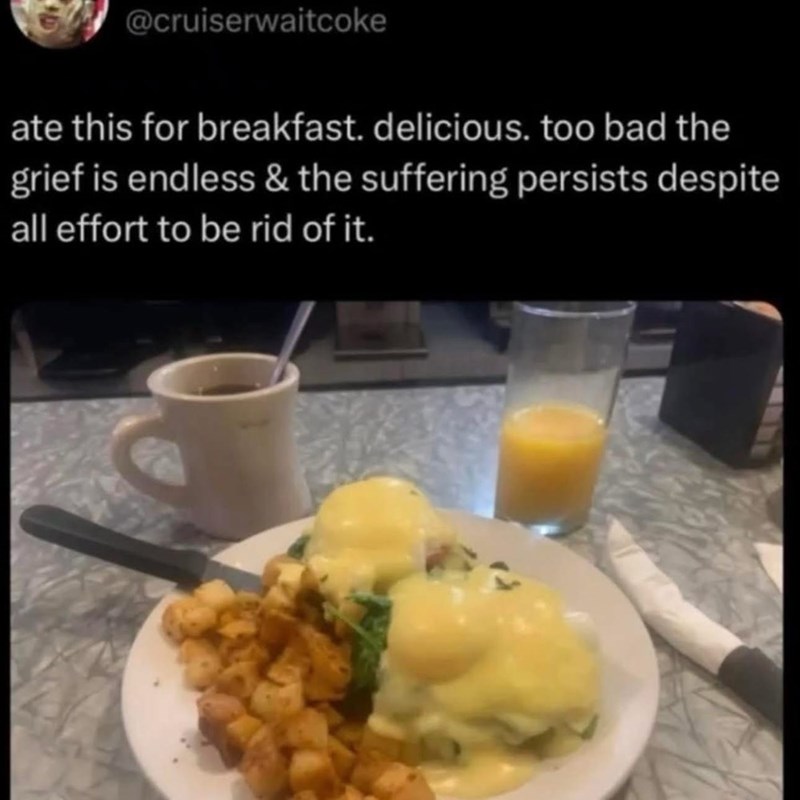 @cruiserwaitcoke ate this for breakfast. delicious. too bad the grief is endless & the suffering persists despite all effort to be rid of it.