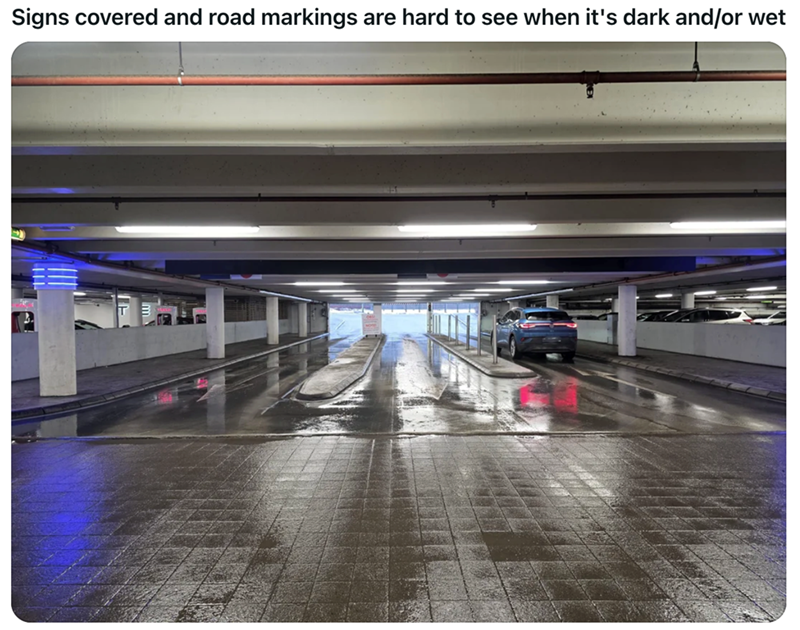 Signs covered and road markings are hard to see when it's dark and/or wet
