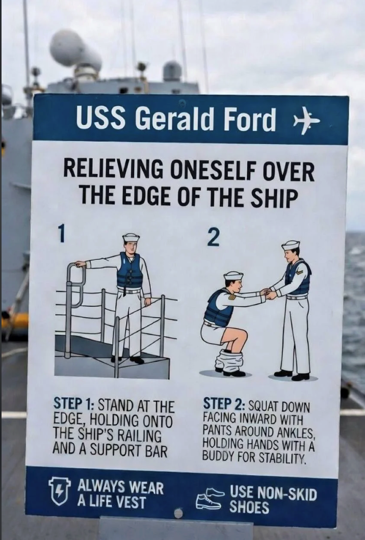 USS Gerald Ford ✈ RELIEVING ONESELF OVER THE EDGE OF THE SHIP 2 STEP 1: STAND AT THE EDGE, HOLDING ONTO THE SHIP'S RAILING AND A SUPPORT BAR ALWAYS WEAR A LIFE VEST STEP 2: SQUAT DOWN FACING INWARD WITH PANTS AROUND ANKLES, HOLDING HANDS WITH A BUDDY FOR STABILITY. USE NON-SKID SHOES